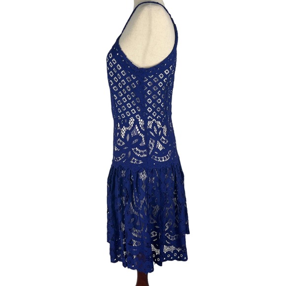 GIANNI BINI HALTER LACE OVERLAY DROP WAIST FIT & FLARE DRESS COBALT MEDIUM EUC - Picture 6 of 16